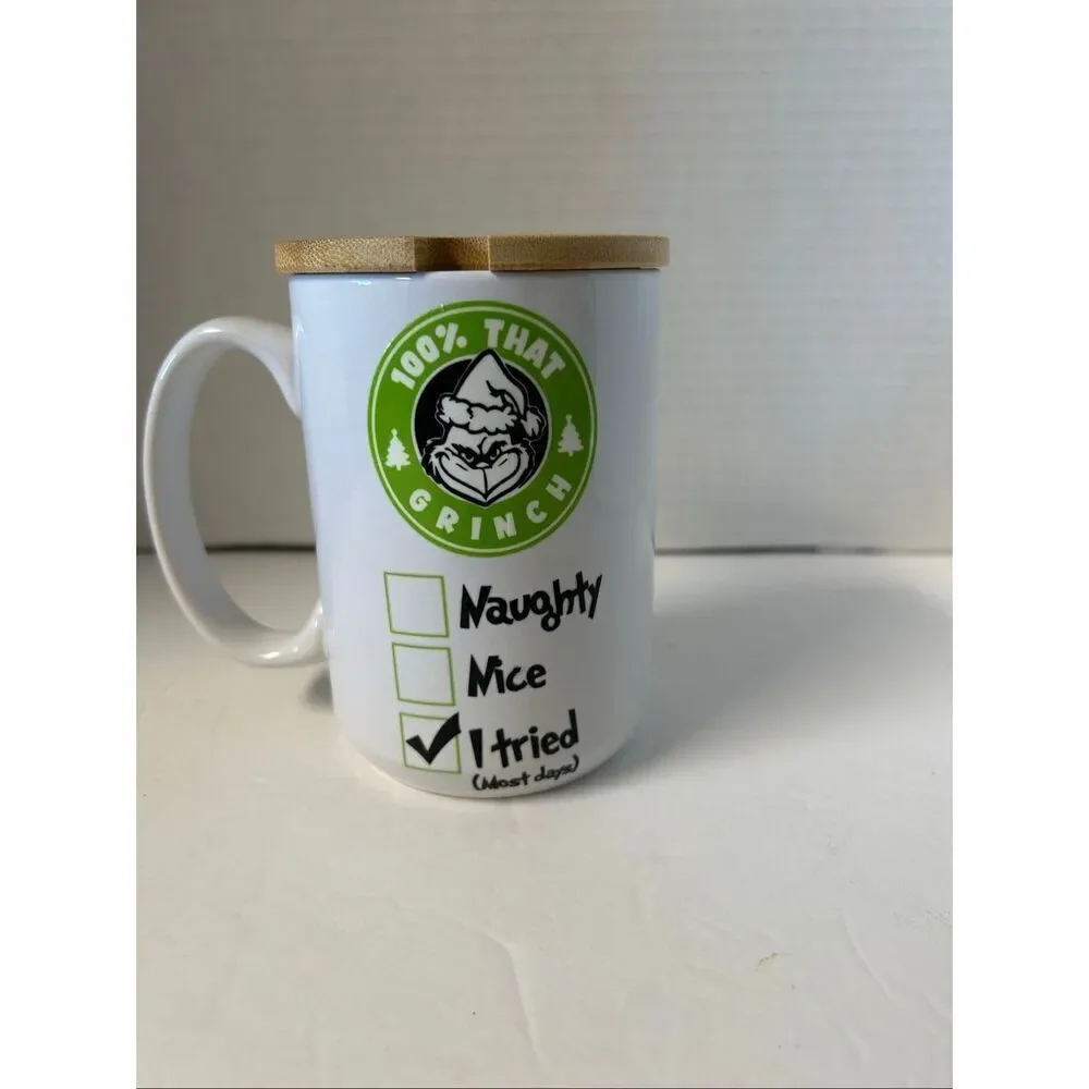 Grinch themed 100% that Grinch mug with bamboo lid